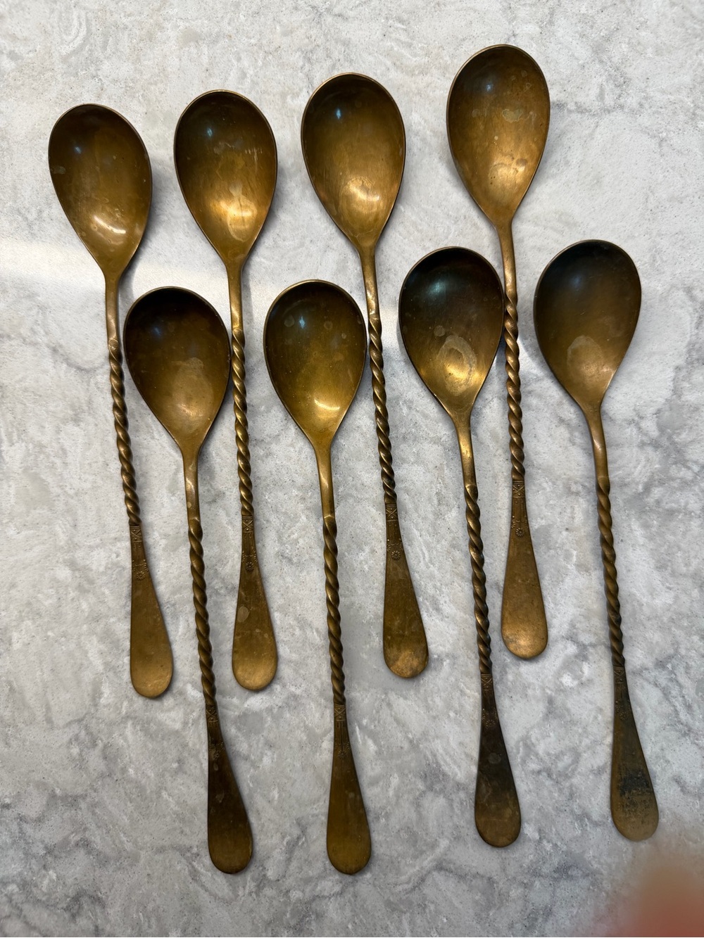 Waldo HE Brass Copper tone finish Cocktail Twist Spiral 8 Spoons Vintage Antique